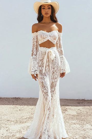 White Lace Off the Shoulder Mermaid 2-Piece Boho Maxi Dress